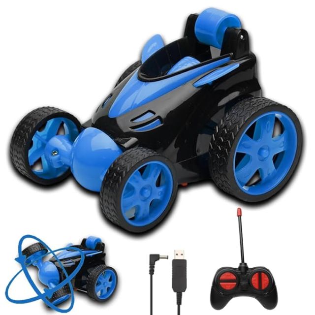 Gooyo DB2060 Rechargeable 360° Rotating & Rolling Small Stunt Car Toy with USB Cable & Remote Controller | Blue Color, Power Source: Lithium Battery in Car (Included)