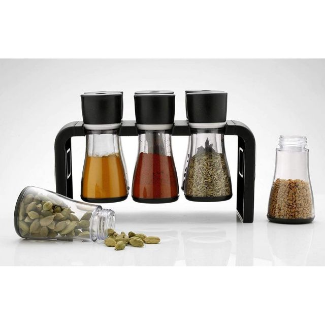 Cathiya Sales Spice Rack Jar Container Of 6 Pcs For Storage Of Kitchen Spices And Masala Storage (Black) (6 - Pcs Spice Rack)